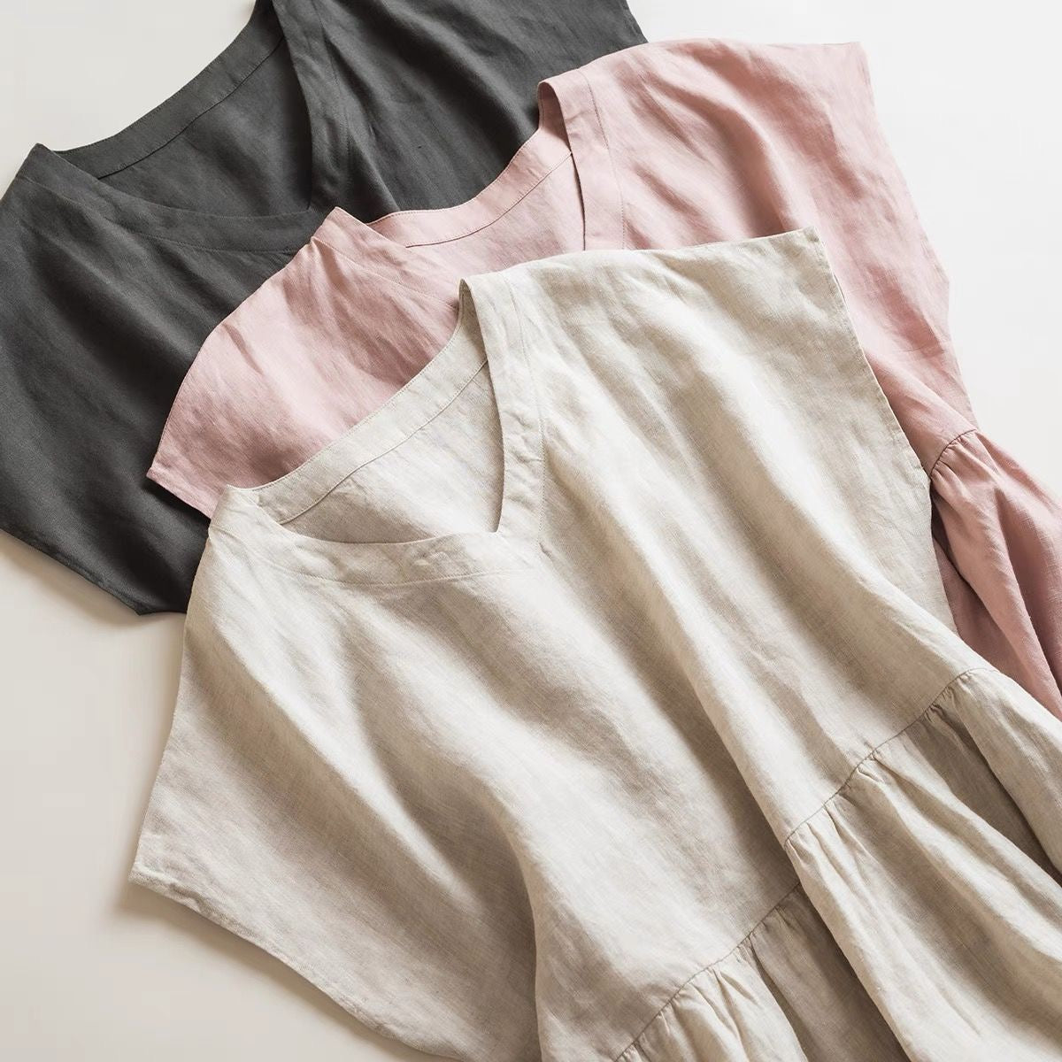 Minimalist Linen V-Neck Dress for Women Short Sleeve Midi Dress with Pockets Summer Loose Fit